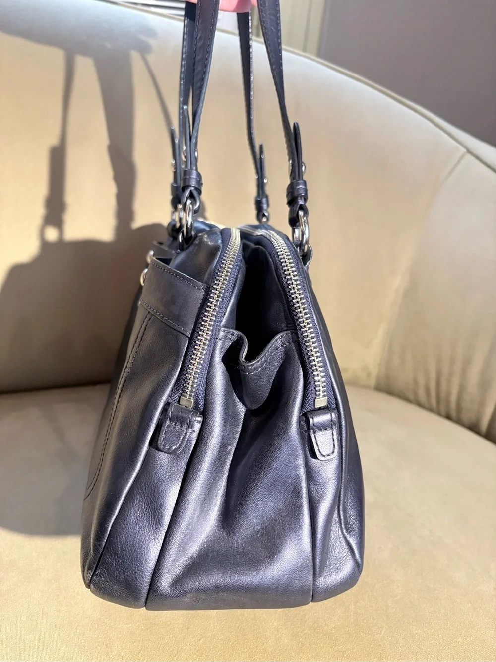 Coach Dark Navy Pearlescent Leather Double-Zip Shoulder Bag with Turn-Lock